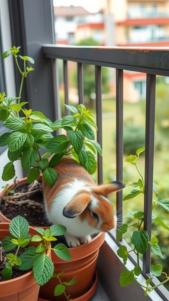 A rabbit exploring mint plants on a balcony, showcasing a pet-friendly environment