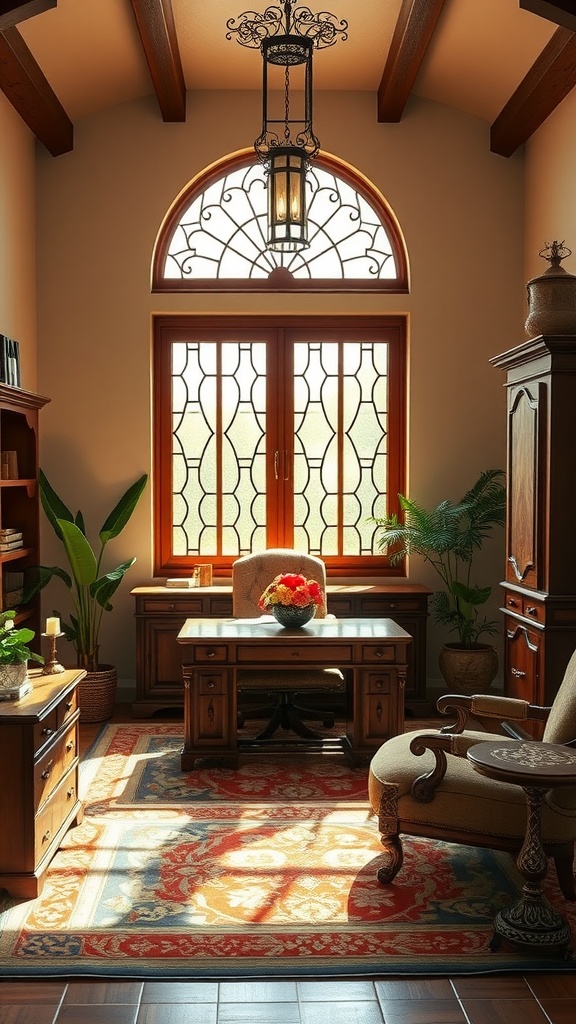 A warm and inviting home office featuring wooden beams, large windows, a desk, and elegant decor.