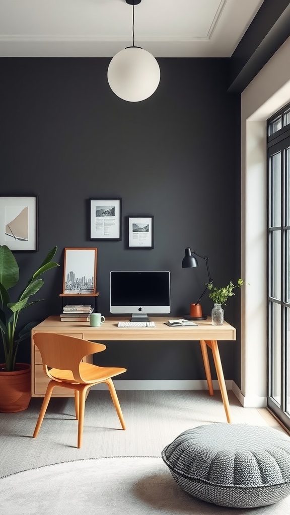 A modern home office showcasing a blend of Scandinavian and Japanese elements, featuring a light wood desk, a cozy chair, and a dark wall.