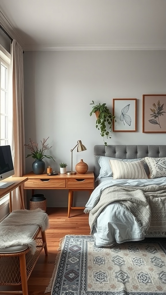 An elegant bedroom with a mix of textures featuring a cozy bed, wooden desk, and indoor plants.