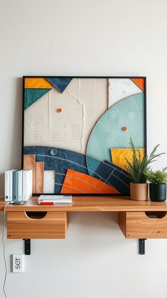 A colorful mixed media collage featuring geometric shapes and textures in a home office setting.