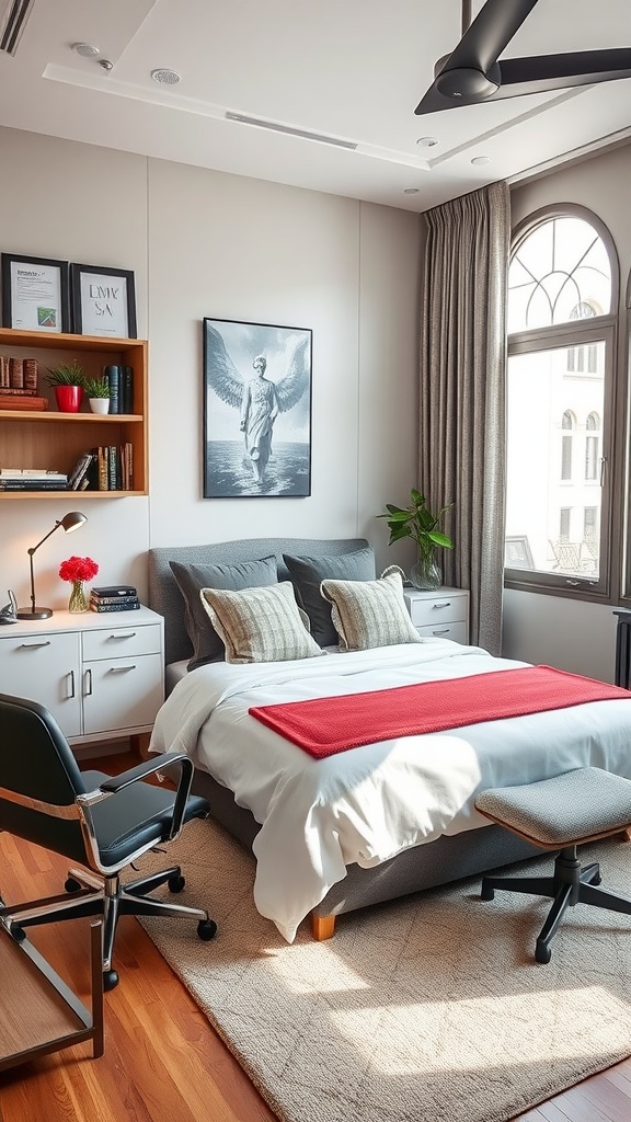 A cozy bedroom featuring a blend of modern and traditional styles with wooden wall panels, minimalist furniture, and an office chair.