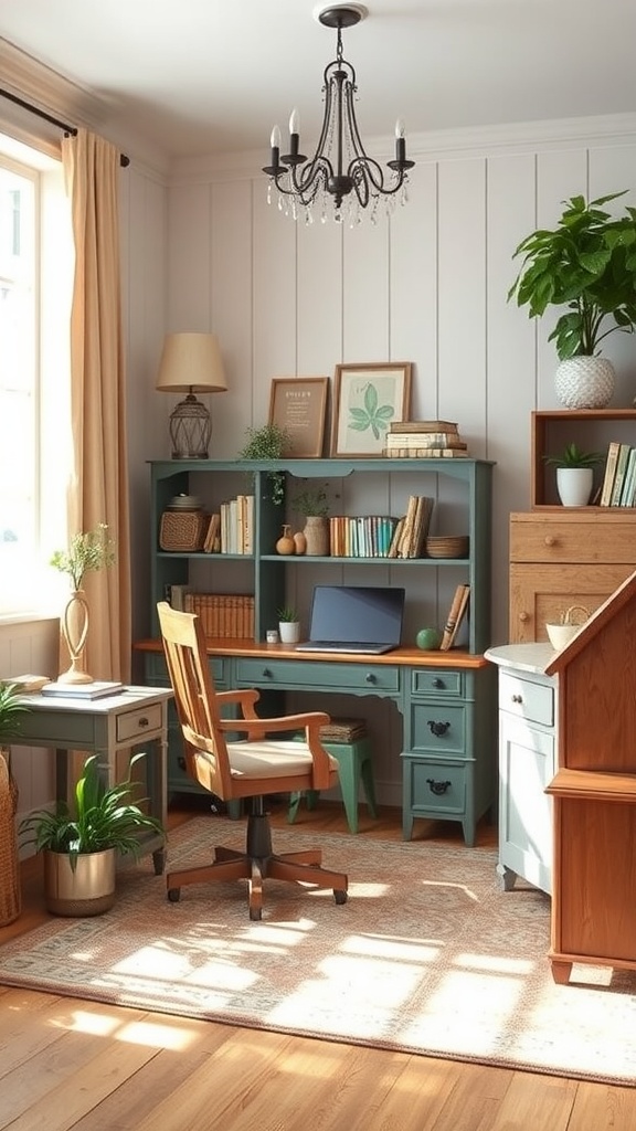 Cozy home office with a mix of old and new furniture, showcasing English cottage style.