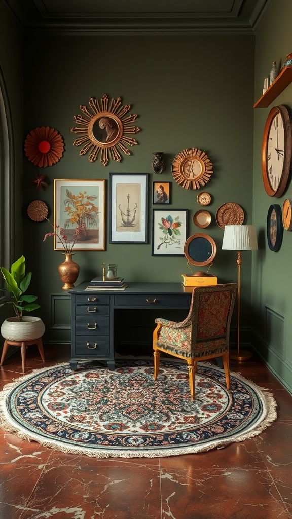 A cozy workspace with olive green walls, a black desk, patterned rug, and a mix of art on the walls.