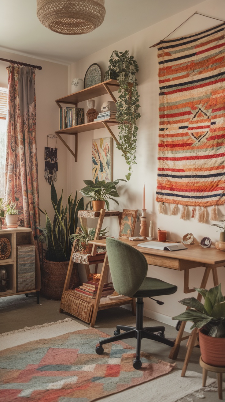 A modern bohemian nook featuring a stylish desk, plants, and warm decor elements.