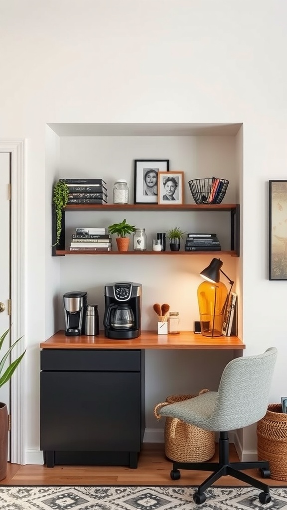 A modern coffee bar setup in a home office featuring a coffee maker, decorative shelves, and plants.