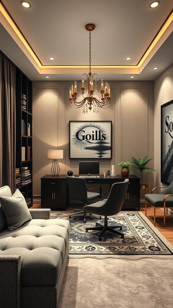 An elegant small home office featuring a plush sofa, a stylish desk, a chandelier, and decorative elements, showcasing modern design.