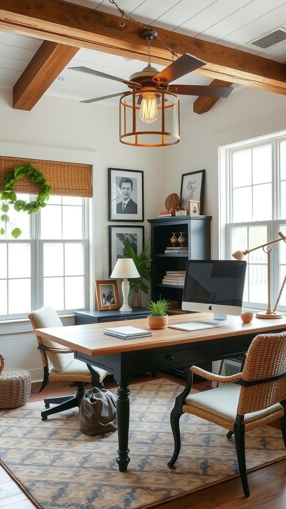 A modern farmhouse style home office featuring a wooden desk, dark walls, and plants.
