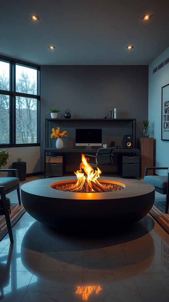 A modern fire pit in a stylish man cave office, surrounded by comfortable seating and bright windows.