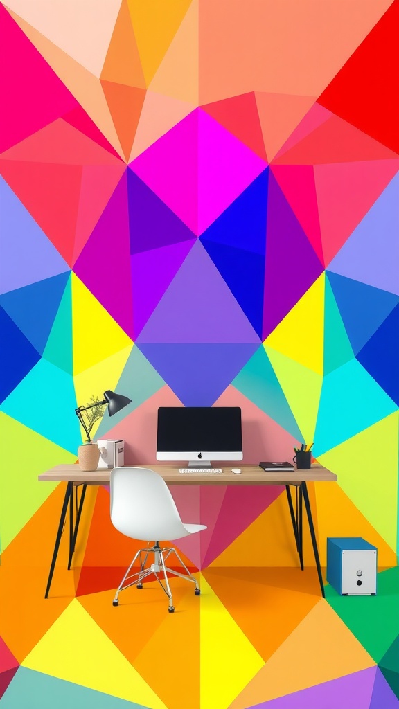 A modern geometric art piece featuring warm colors and shapes, complemented by a plant in a pot.