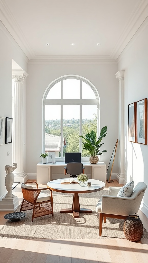 Modern home office designed with Greek minimalist style featuring large windows, round table, and elegant furniture.