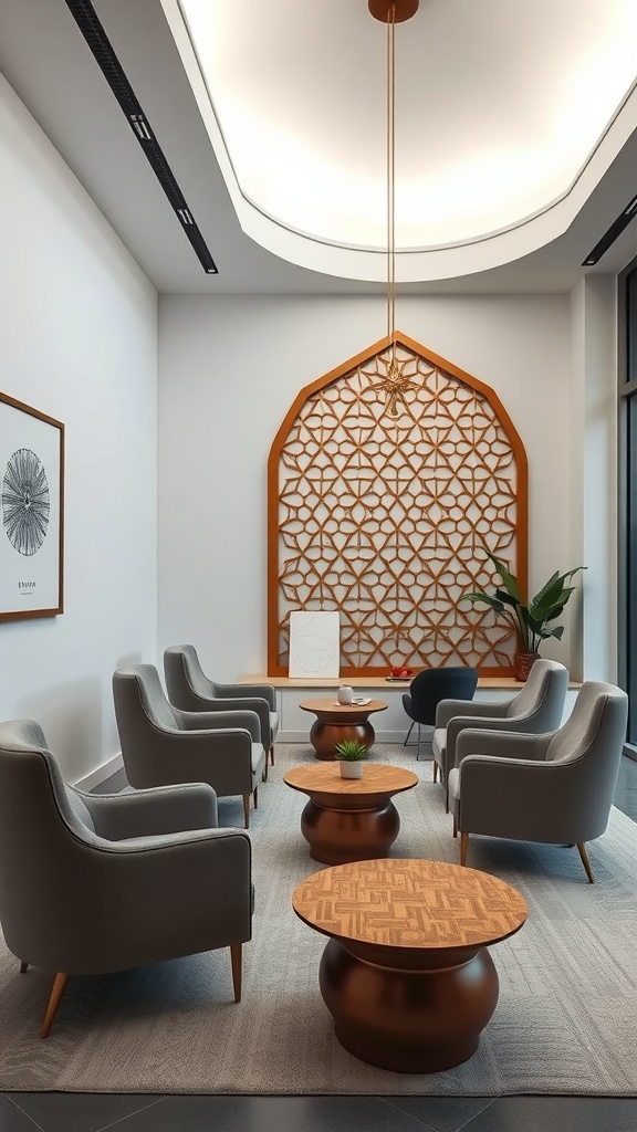 A modern home office featuring minimalist design with Islamic architectural elements.