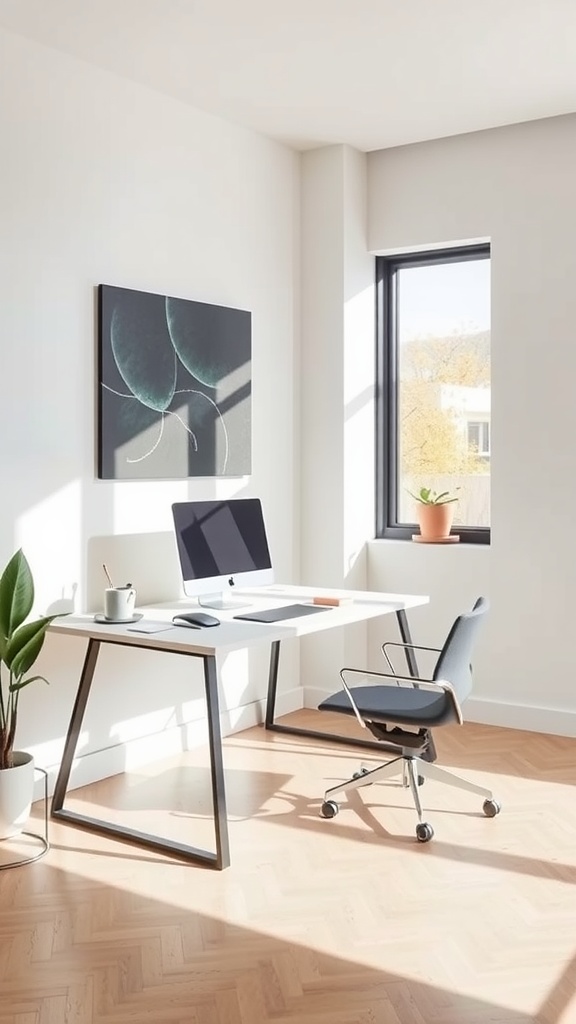 A modern minimalist home office featuring a sleek white desk, a comfortable light brown chair, and natural plants, creating a bright and inviting workspace.