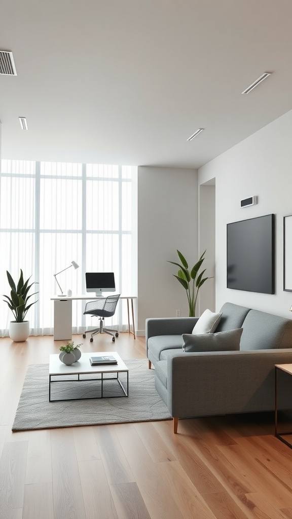 Modern minimalist living room with a cozy sofa, coffee table, and home office setup