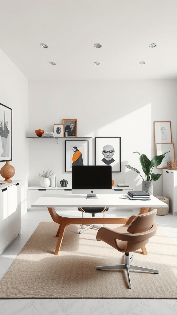 A modern minimalist Italian office with a sleek white desk, comfortable chair, and artistic wall decor.