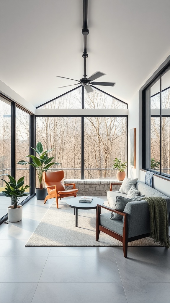 A modern minimalist sunroom interior with large windows, a cozy sofa, and a stylish armchair.
