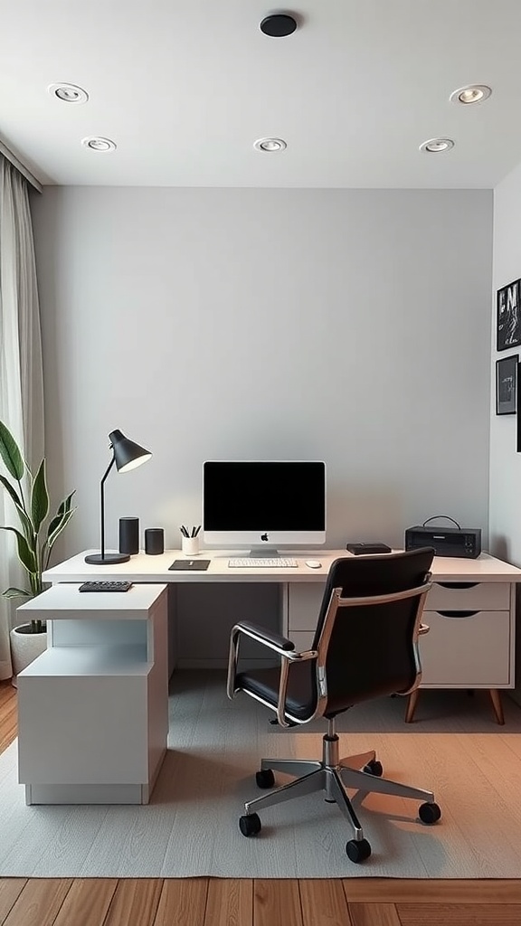 A modern minimalist workspace featuring a light desk with a computer, a black chair, and a green plant.