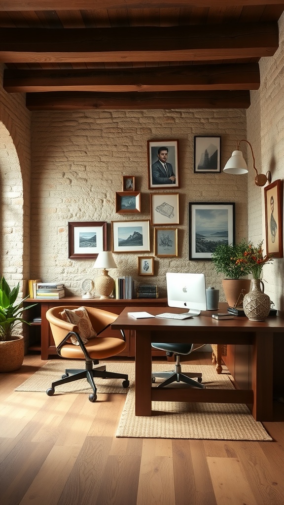 A modern rustic home office featuring wood beams, textured walls, and a blend of contemporary and traditional furniture.