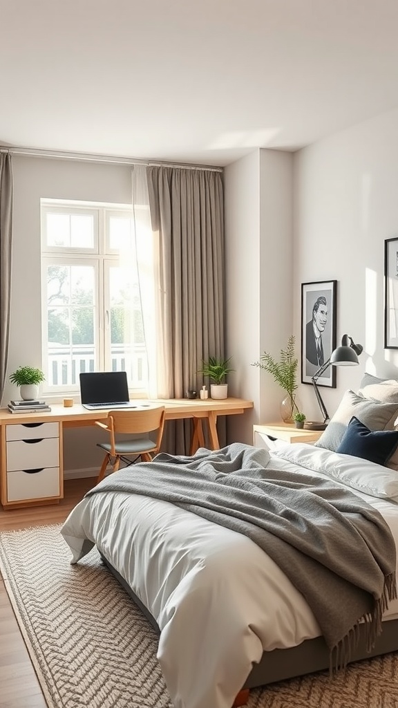A bright bedroom with a workspace featuring a desk, chair, and plants, showcasing a Scandinavian design.