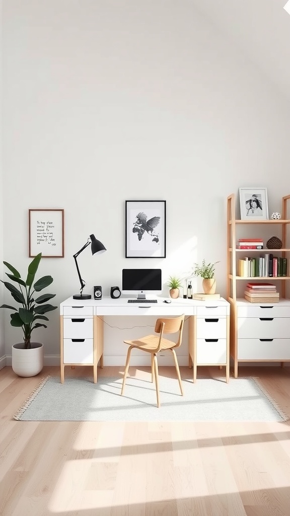 A modern Scandinavian home office with a white desk, chair, and plants, featuring neutral tones and minimal decor.