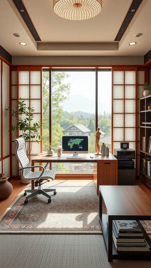 Modern home office featuring Japandi interiors with a blend of traditional design and modern technology.