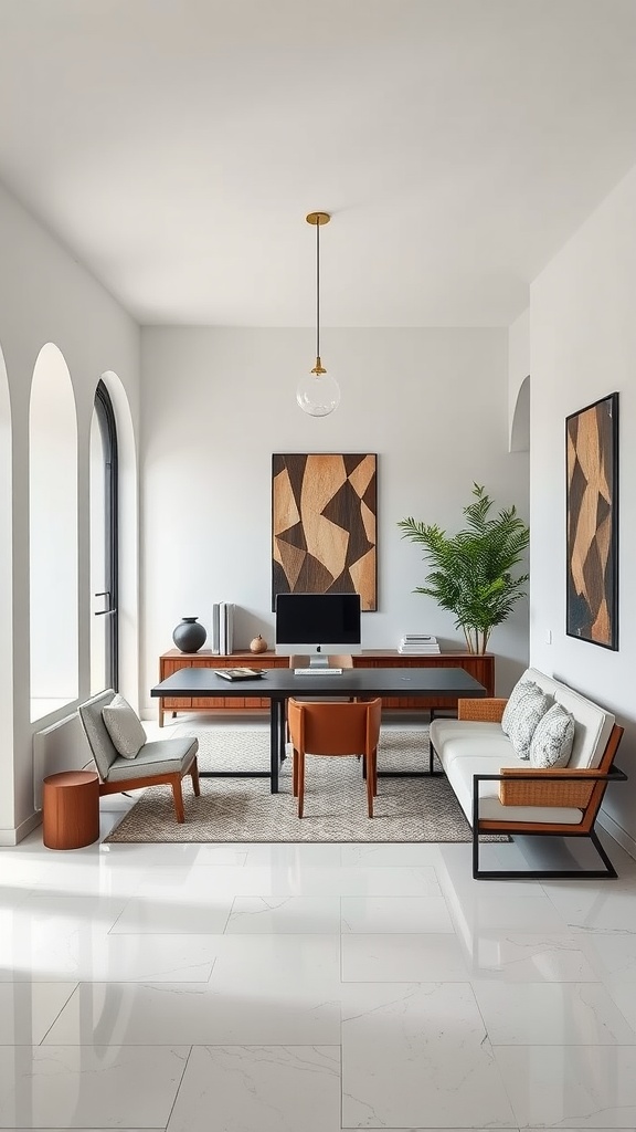 A modern home office with minimalist decor, featuring a wooden desk, geometric artwork, and greenery.