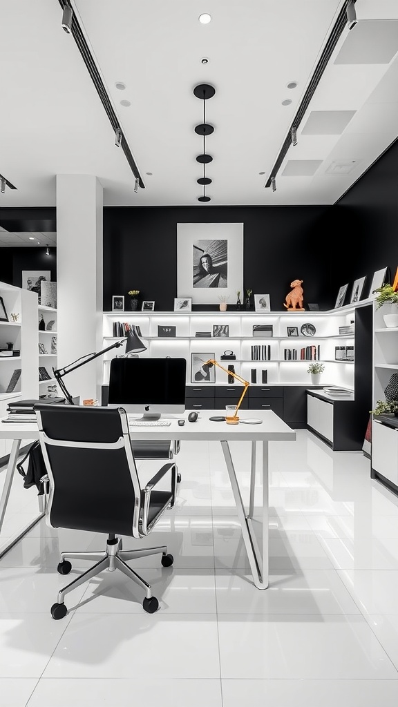 A minimalist black and white office with modern desks, chairs, and decor.