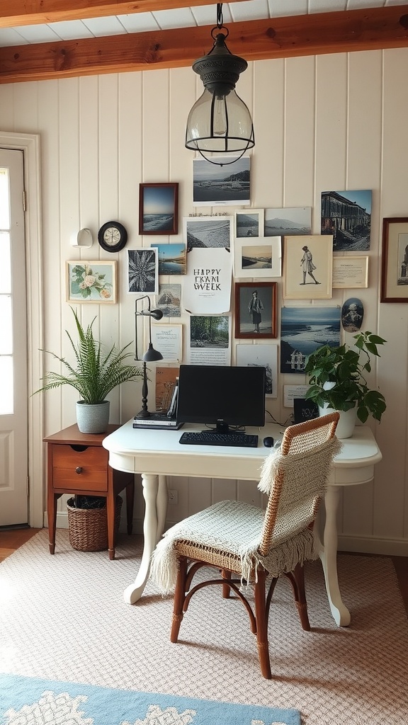 A cozy home office featuring a white desk, woven chair, and vintage decor with plants.