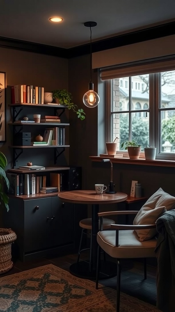A cozy coffee nook in a home office featuring warm pendant lighting, plants, and bookshelves.