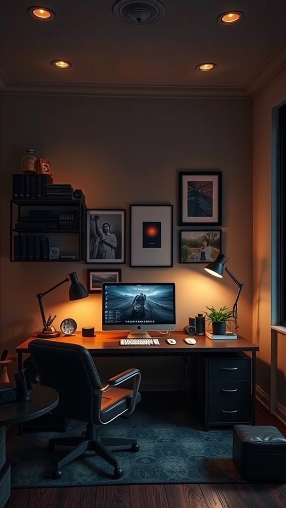 A stylish masculine home office with warm lighting, a desk with a computer, and decorative elements on the walls.