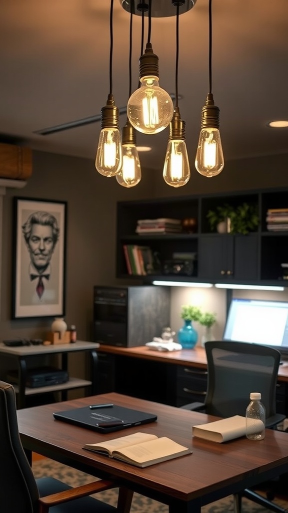 A cozy man cave office with Edison bulbs hanging over a desk, featuring a laptop and stylish decor.