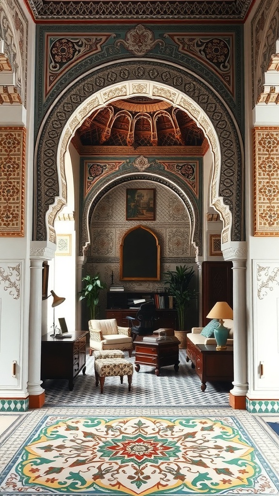Interior with Moorish Revival architecture, featuring arches, intricate tile work, and a cozy workspace.