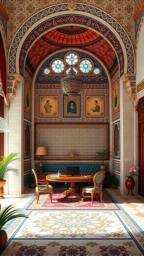 A beautifully designed home office featuring Moorish Revival architecture with intricate detailing, colorful patterns, and elegant furniture.