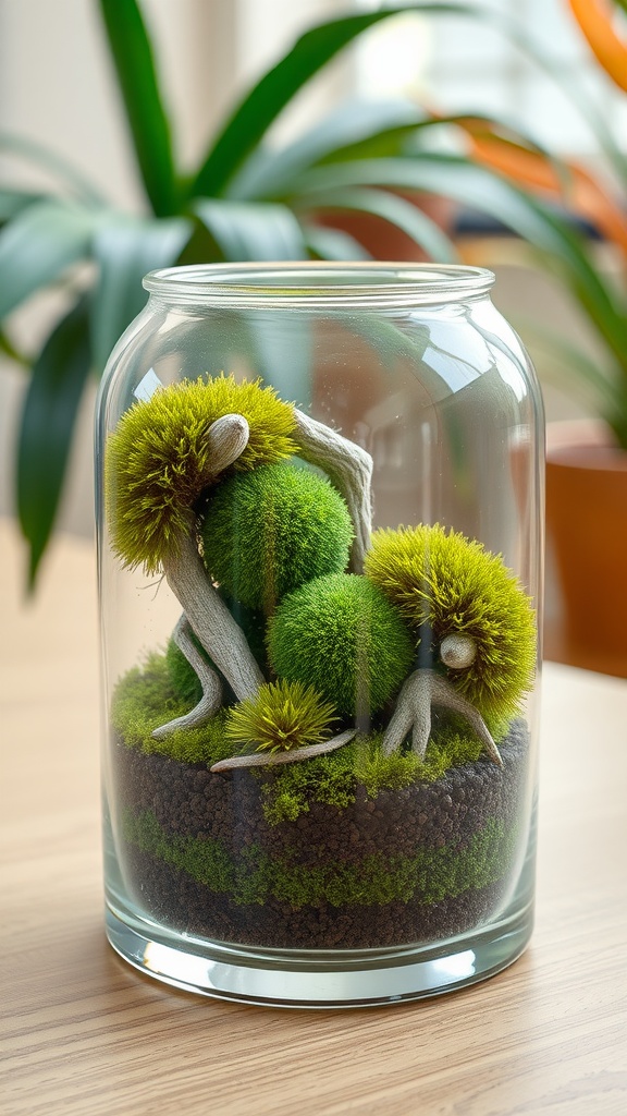 A moss terrarium with vibrant green moss and branches inside a glass jar on a wooden table.
