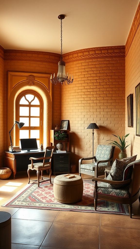 A cozy home office featuring mudbrick architecture from Mali with warm tones and rustic furnishings.