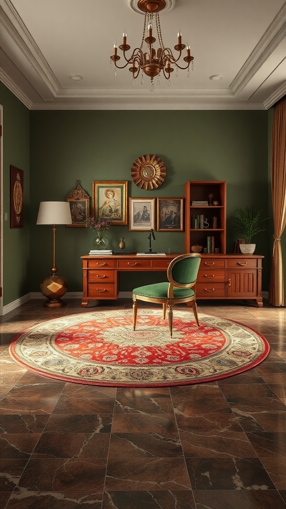 A cozy home office featuring a desk with a green chair, surrounded by an olive green wall and stylish decor.