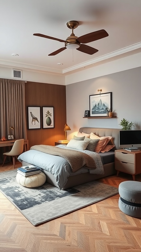 A stylish bedroom with a desk, cozy bedding, and elegant decor, showcasing a blend of home office and bedroom.
