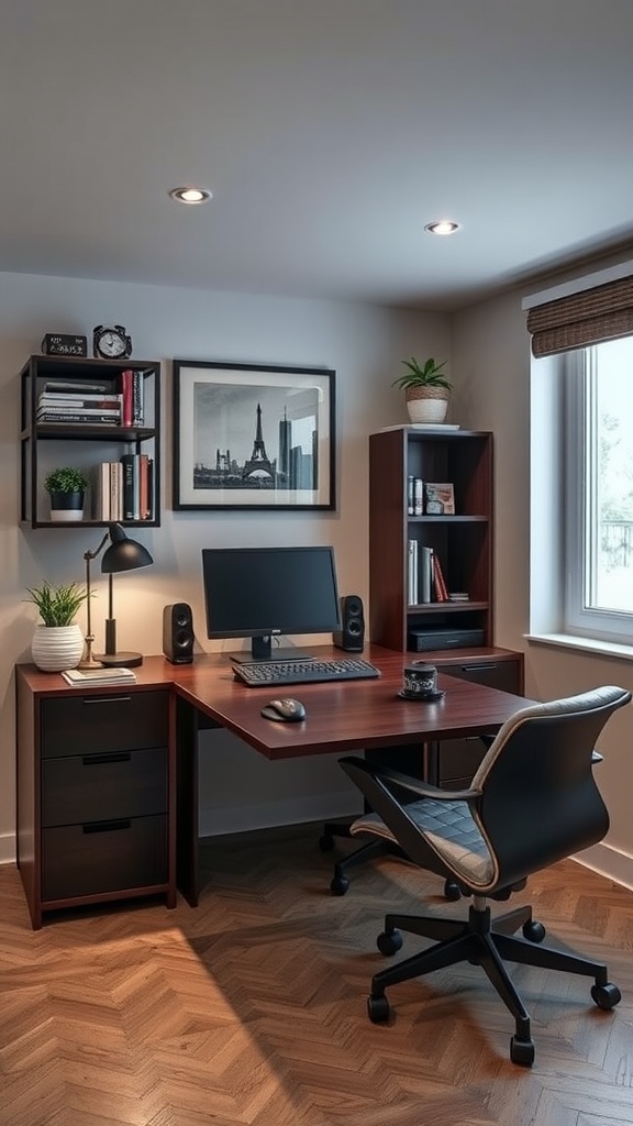 A small home office with a wooden desk, chairs, and bookshelves, showcasing a cozy and functional design.