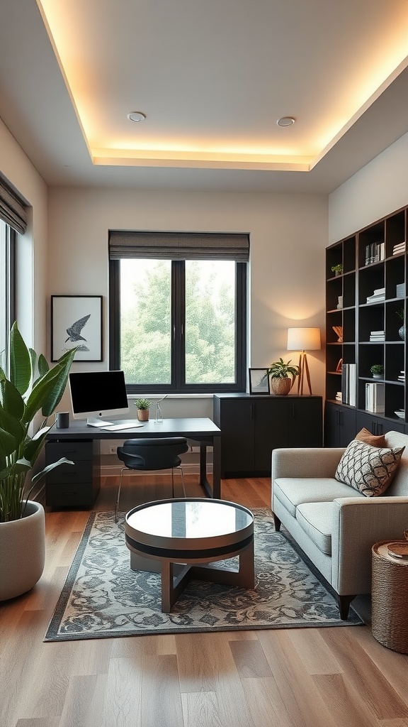 A modern small home office featuring a desk, chair, and cozy seating area with plants and soft lighting.