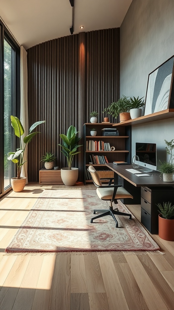 A modern home office setup with a desk, chair, and plants, illuminated by natural light.