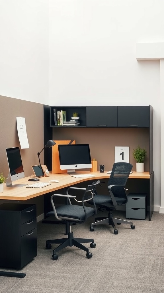 A modern minimalist office space with a large desk, computer, and two chairs, featuring a sleek design and plants.