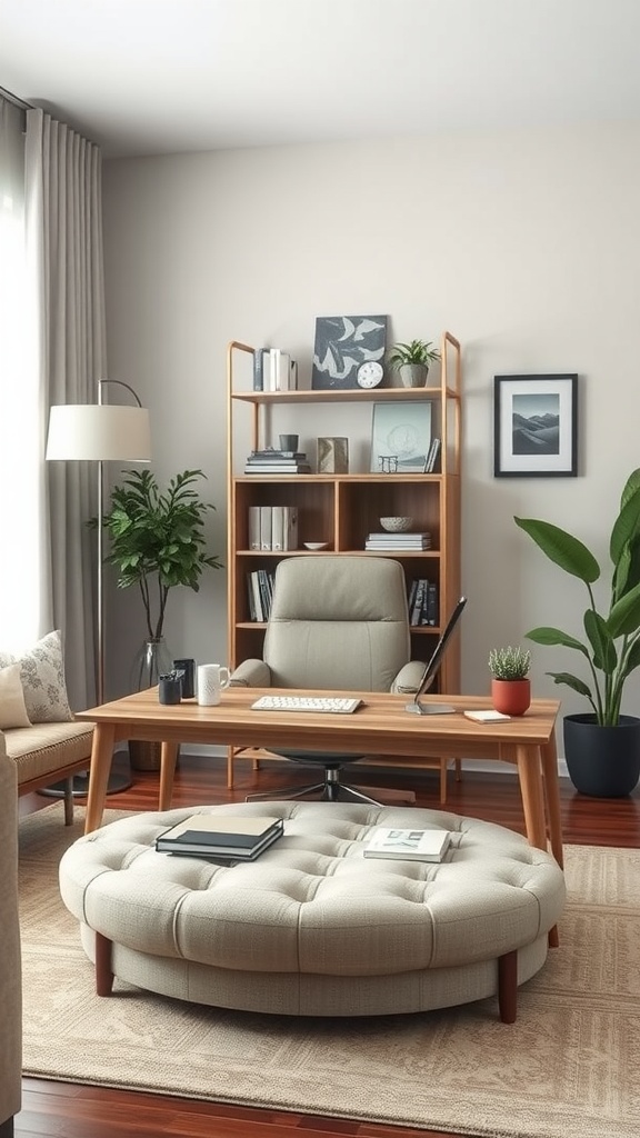 A stylish home office featuring a multifunctional coffee table desk with a cozy design.