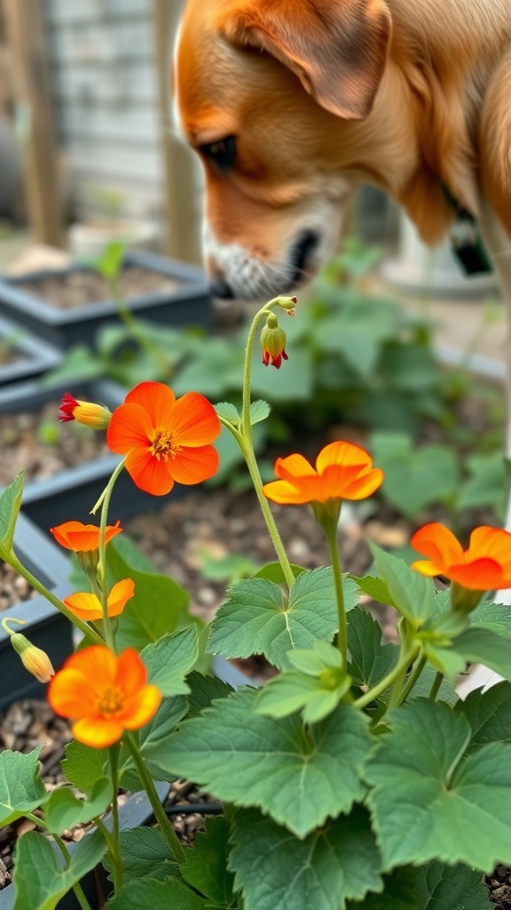 A close-up of orange nasturtium flowers in a garden with a dog in the background
