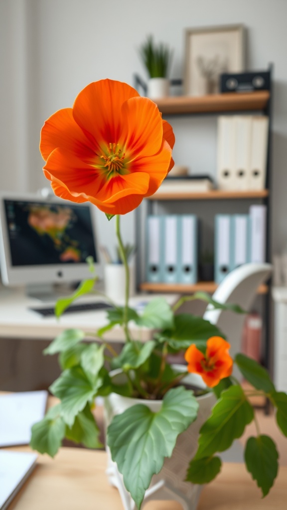 A vibrant orange nasturtium flower in a home office setting with a computer and shelves in the background.