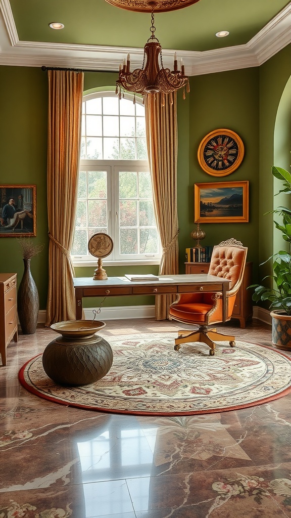 A cozy home office featuring olive green walls and a natural fiber rug on the floor.