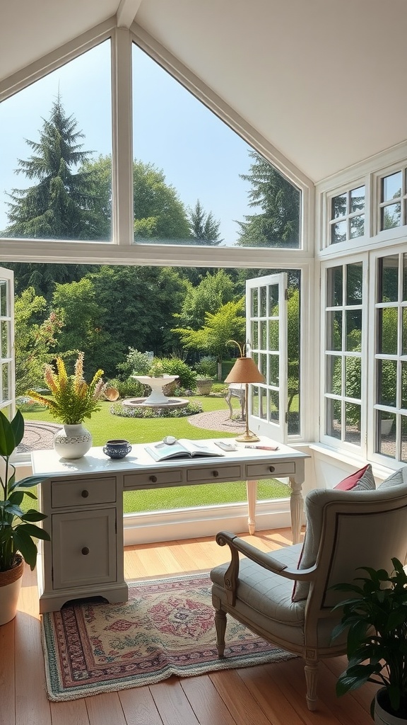 A bright home office with large windows overlooking a garden, featuring vintage furniture and cozy decor.