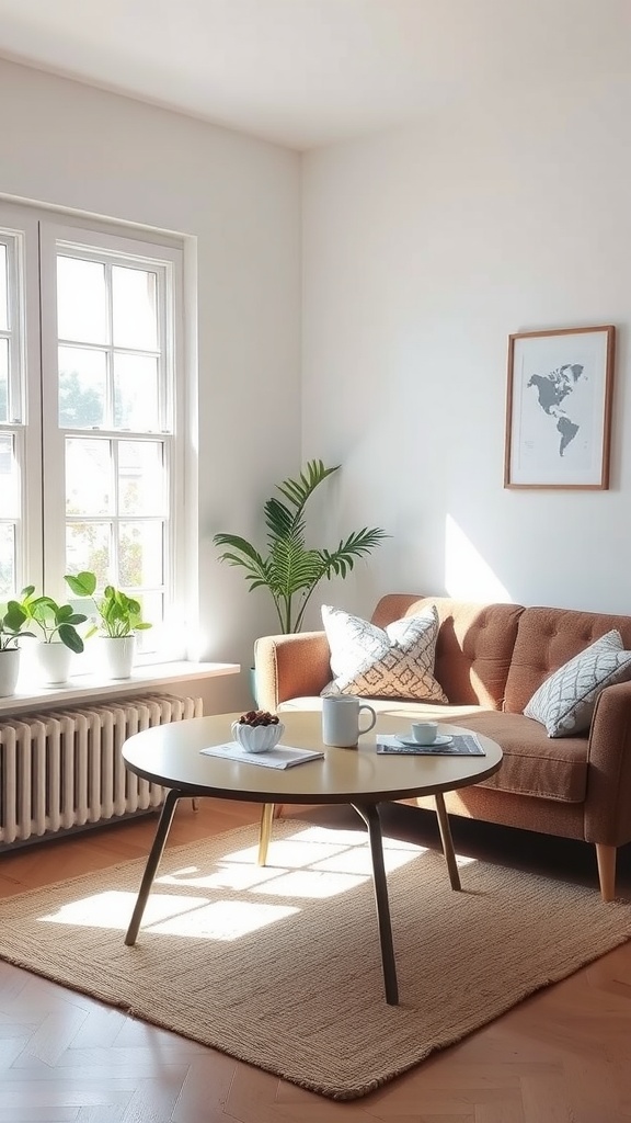 A cozy coffee corner with a round table, coffee mug, and pastries in a sunlit room