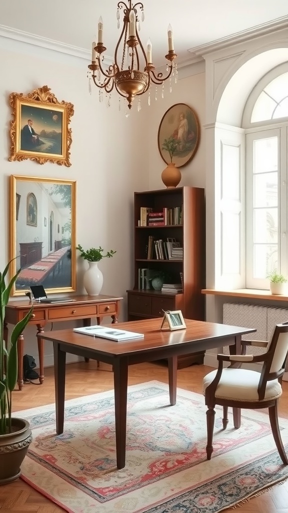 A bright home office with large windows, wooden furniture, and an elegant chandelier, showcasing a blend of classic Italian design elements.