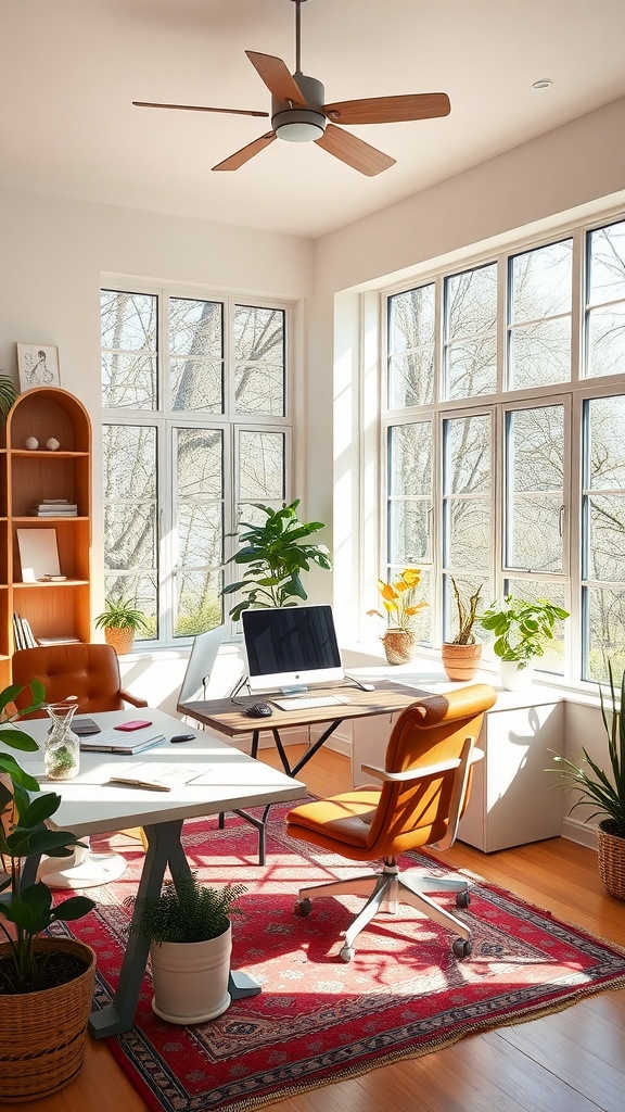 A bright home office with large windows, plants, and a cozy setup, ideal for maximizing natural light.