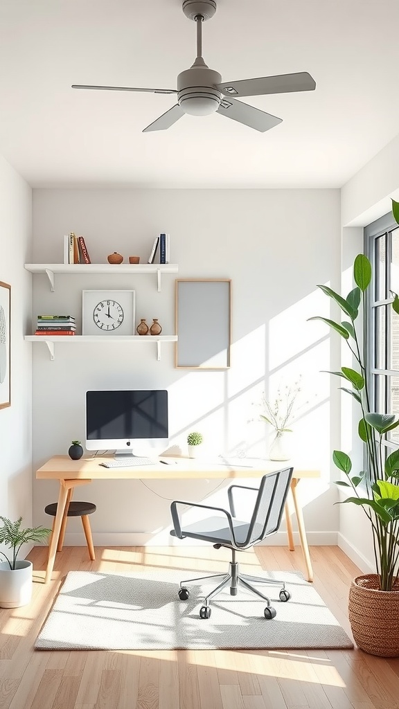 Minimalist office interior with large windows allowing natural light, plants, and modern furniture.
